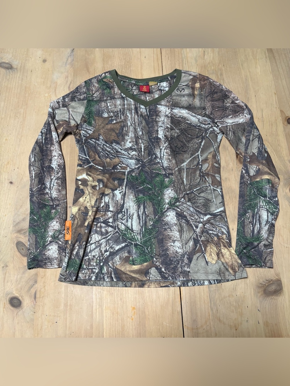 Realtree SHE Woman’s Long Sleeve Camo V-Neck Tee - Brown & Green